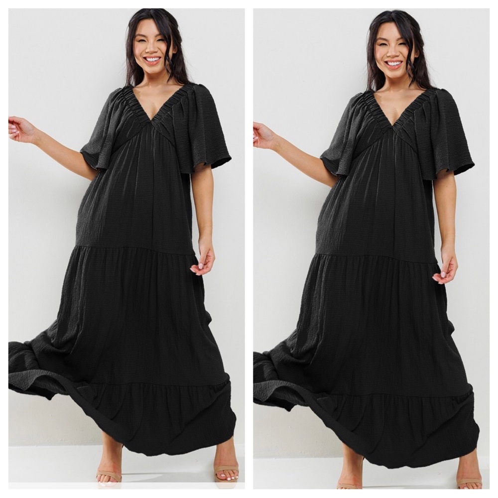 21 Boho V-Neck Flared Sleeve Tiered Maxi Dress